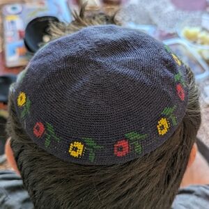 Floral Red & Yellow Embroidered  Kippah - Navy. Jewish. Made In Israel